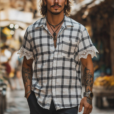 Malcolm | Men'S Summer Fashion Lace Patchwork Linen Short Sleeve Shirt