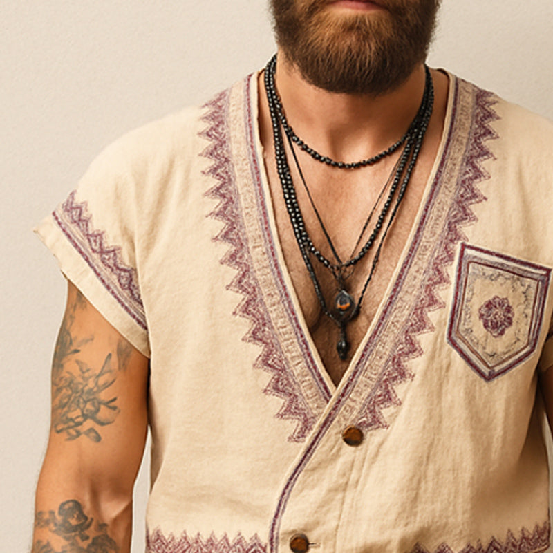 Ronald | Men'S Summer Exquisite Embroidered V-Neck T-Shirt Shorts Set