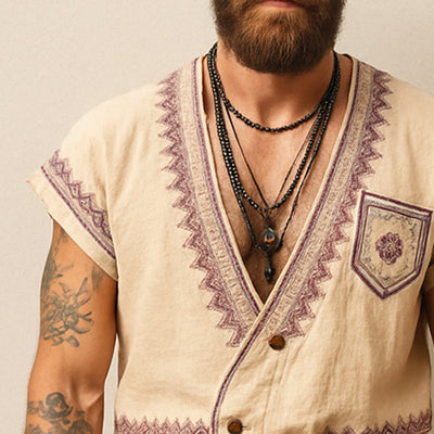 Ronald | Men'S Summer Exquisite Embroidered V-Neck T-Shirt Shorts Set