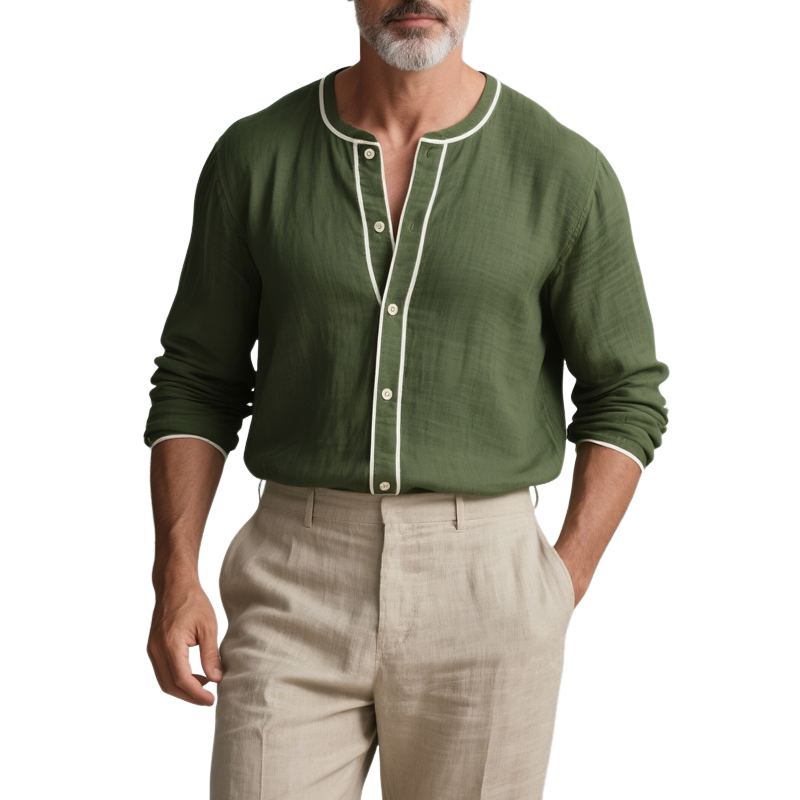 Jeremy | Men'S White Trim Round Neck Long Sleeve Cotton And Linen Shirt