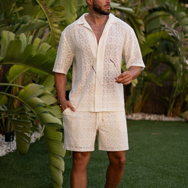 Clark | Men'S Spring And Summer Fashion Casual Lace Sexy Micro-Transparent Short-Sleeved Shirt Shorts Set