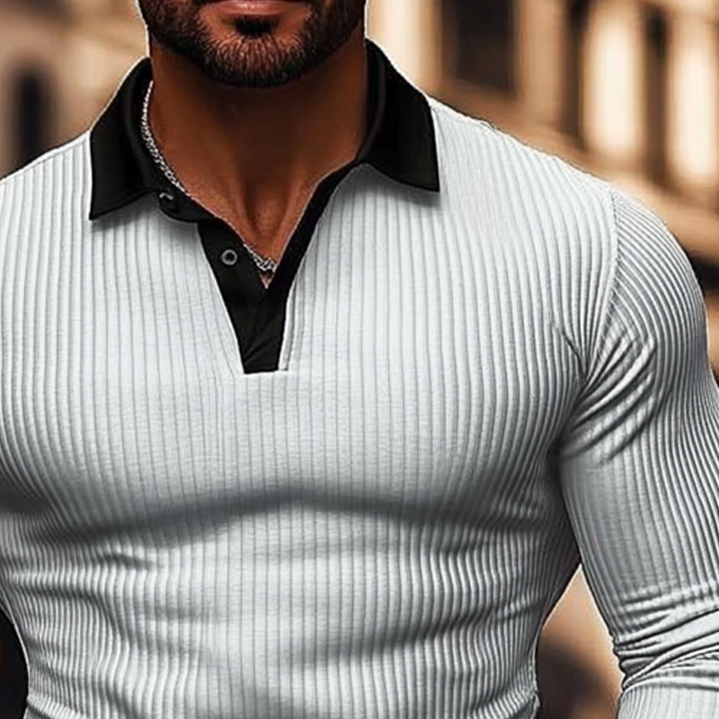 Men'snitted Contrast Striped Long-sleeved POLO Shirt