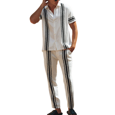 Clayton | Men'S Spring And Summer Fashion Casual Tencel Cotton Printed Short Sleeve Shirt Pants Set