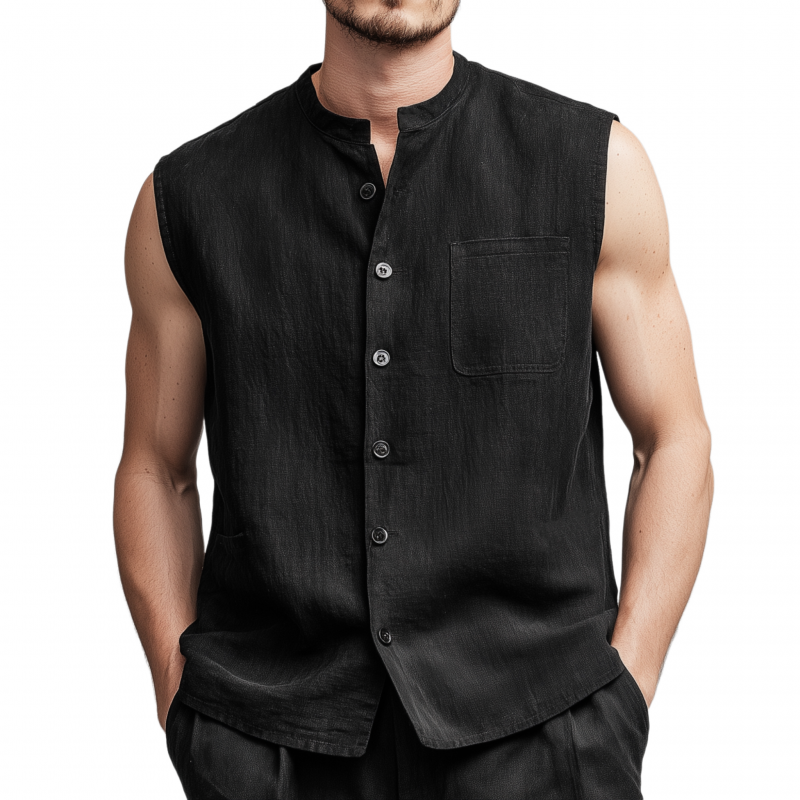Jack | Men'S Vintage Faux Suede Stand Collar Single Breasted Patch Pocket Loose Sleeveless Shirt