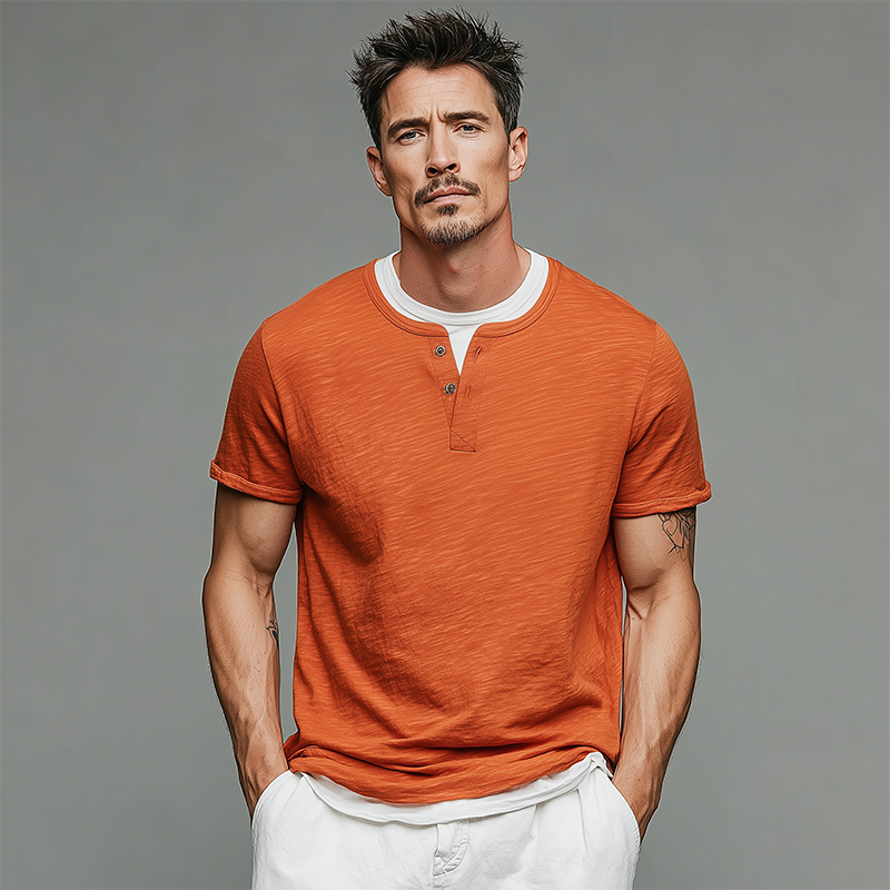 Benito | Men'S Spring And Summer Fashion Casual Cotton Blended Henry Collar Fake Two-Piece Short Sleeve T-Shirt