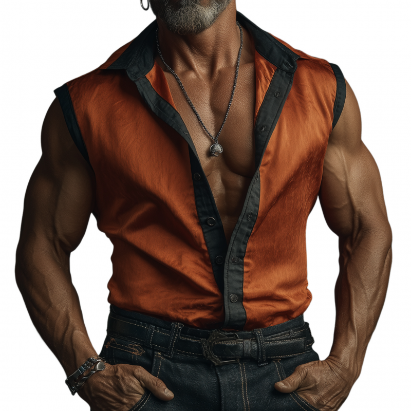 Quintin | Men'S Casual Colorblock Patchwork Satin Lapel Single-Breasted Slim-Fit Sleeveless Shirt