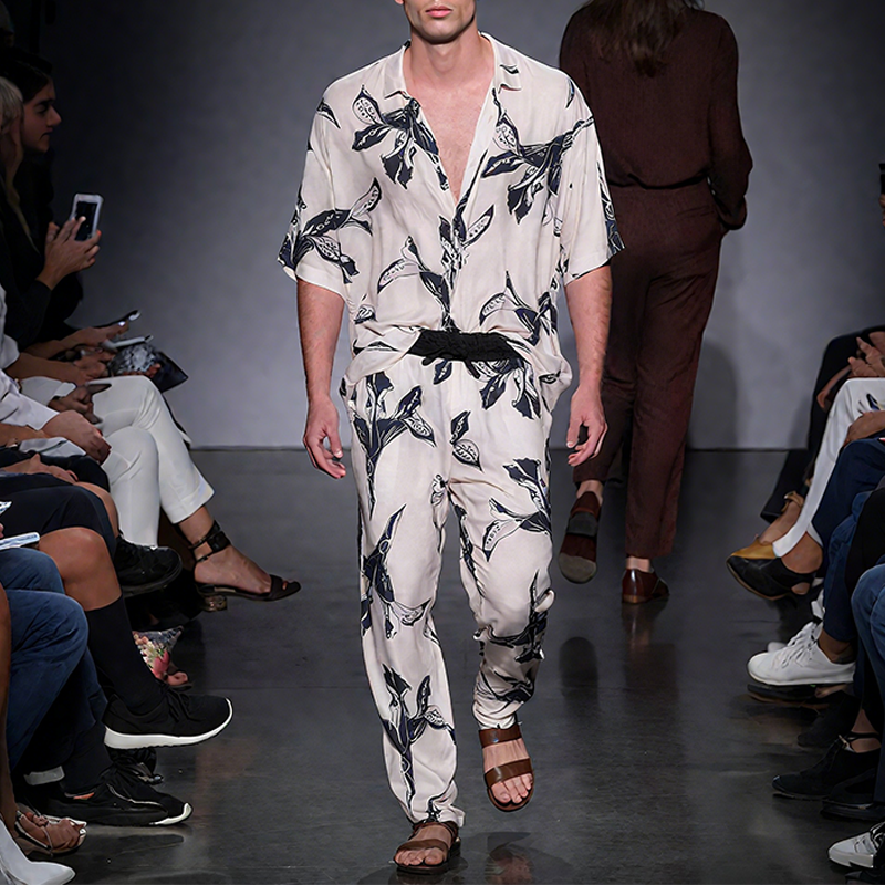 Eli | Men'S Spring And Summer Fashion Casual Satin Printed Short Sleeve Shirt Elastic Waist Pants Set