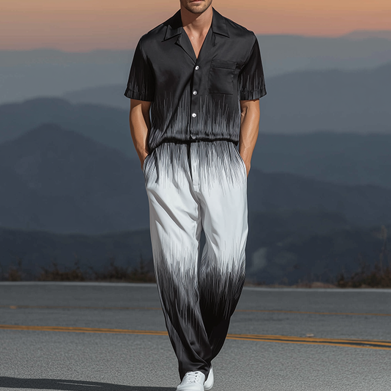 Wiley | Men'S Spring And Summer Fashion Casual Black And White Gradient Printed Satin Short Sleeve Shirt Pants Set