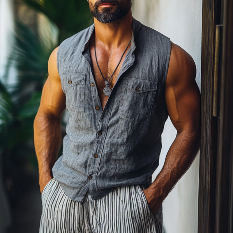 Gerald | Men'S Casual Solid Color Breathable Linen Lapel Chest Pocket Sleeveless Shirt