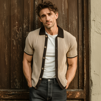 Leandro | Men'S Casual Breathable Contrast Color Lapel Single-Breasted Slim Fit Short-Sleeved Cardigan