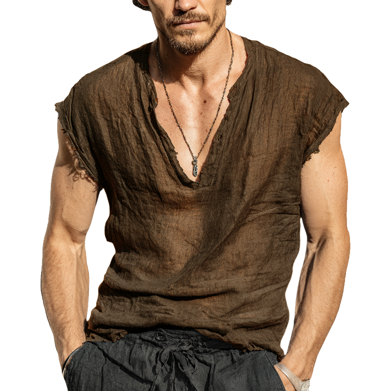 Diego | Men'S Solid Color Cotton And Linen V-Neck Tank Top