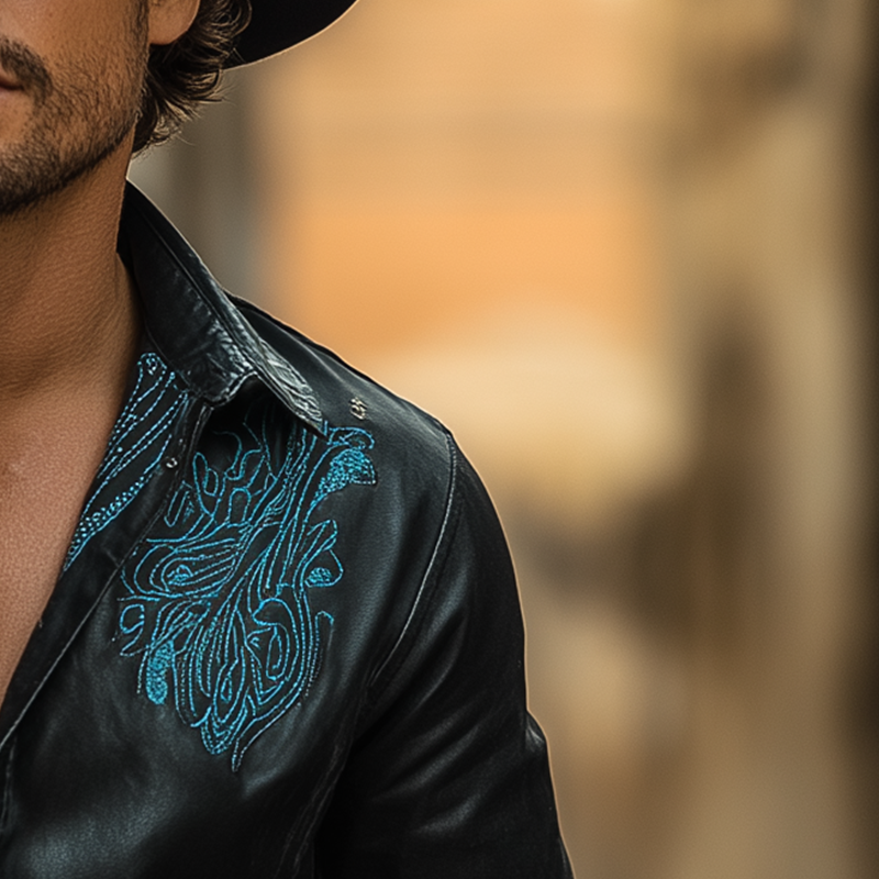 James | Men'S Western Embroidered Faux Leather Long Sleeve Shirt