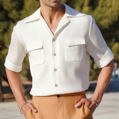 Ben | Men'S Casual Solid Color Pleated Cotton Blend Cuban Collar Chest Pocket Single Breasted Slim Mid Sleeve Shirt