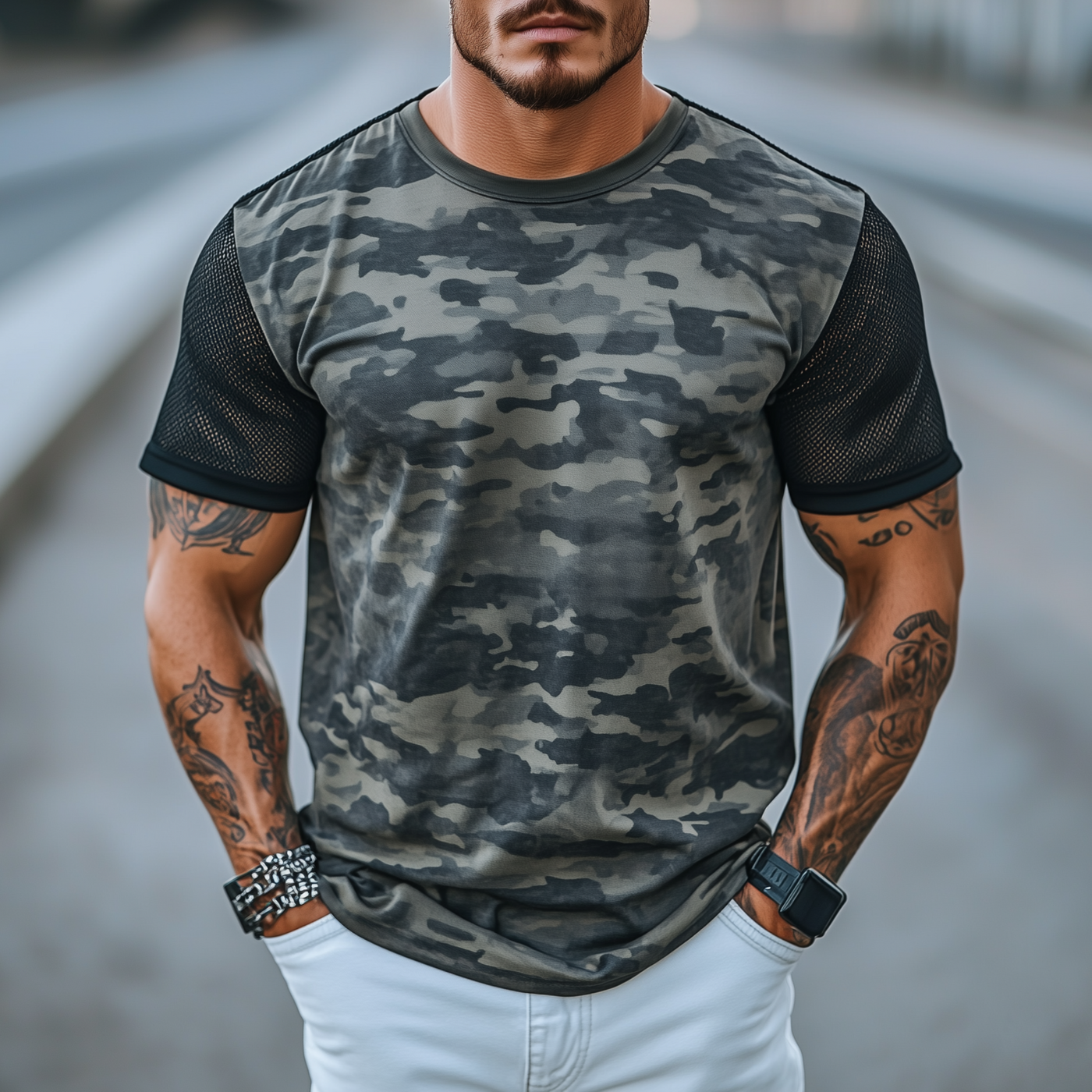 Stacy | Men'S Spring And Summer Casual Round Neck Camouflage Cotton Blended Splicing Mesh Short-Sleeved T-Shirt