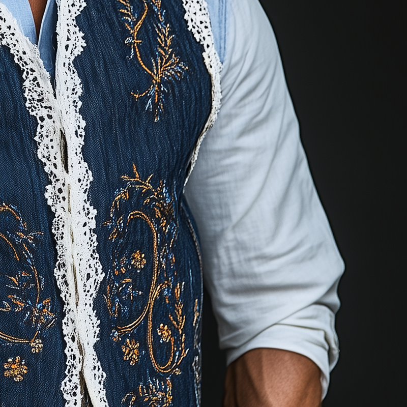 Mike | Men'S Summer Fashion Embroidered Lace Decorated Washed Denim Vest