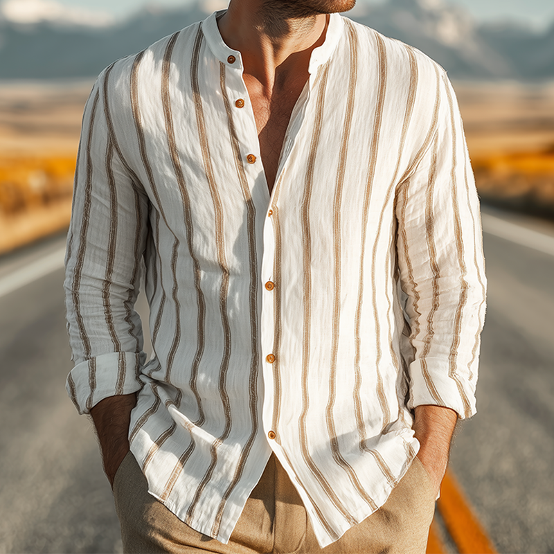 Vaughn | Men'S Spring And Summer Classic Casual Stand-Up Collar Tencel Cotton Blend Vertical Striped Long-Sleeved Shirt