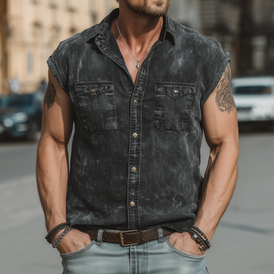 Colin | Men'S Casual Outdoor Denim Washed Distressed Lapel Chest Pocket Slim Fit Sleeveless Shirt