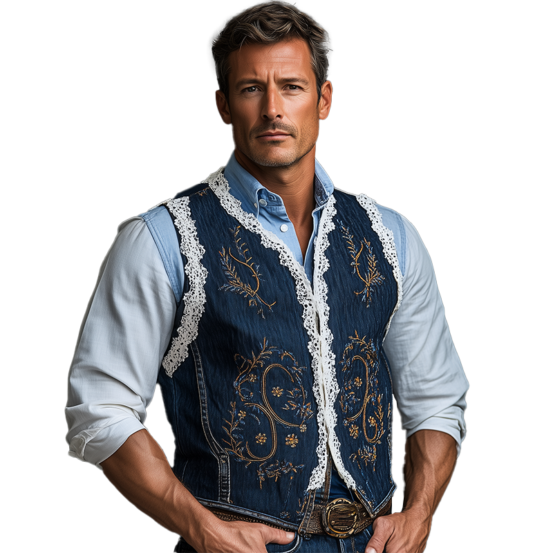 Mike | Men'S Summer Fashion Embroidered Lace Decorated Washed Denim Vest