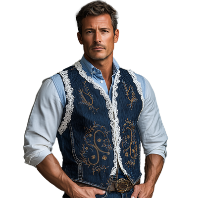 Mike | Men'S Summer Fashion Embroidered Lace Decorated Washed Denim Vest