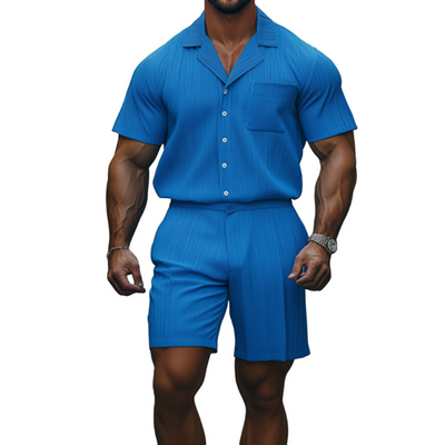 Jesus | Men'S Spring And Summer Fashion Casual Cool Pleated Fabric Short-Sleeved Shirt Shorts Set