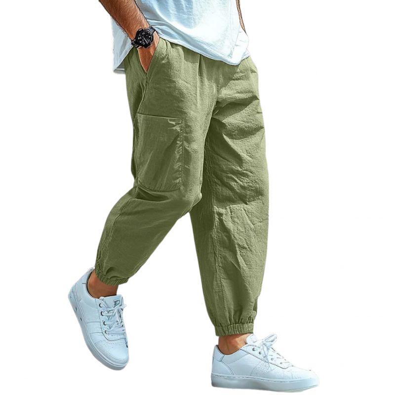 Salvador | Men'S Casual Solid Color Breathable Cotton Linen Blend Elastic Waist Multi-Pocket Cuffed Pants