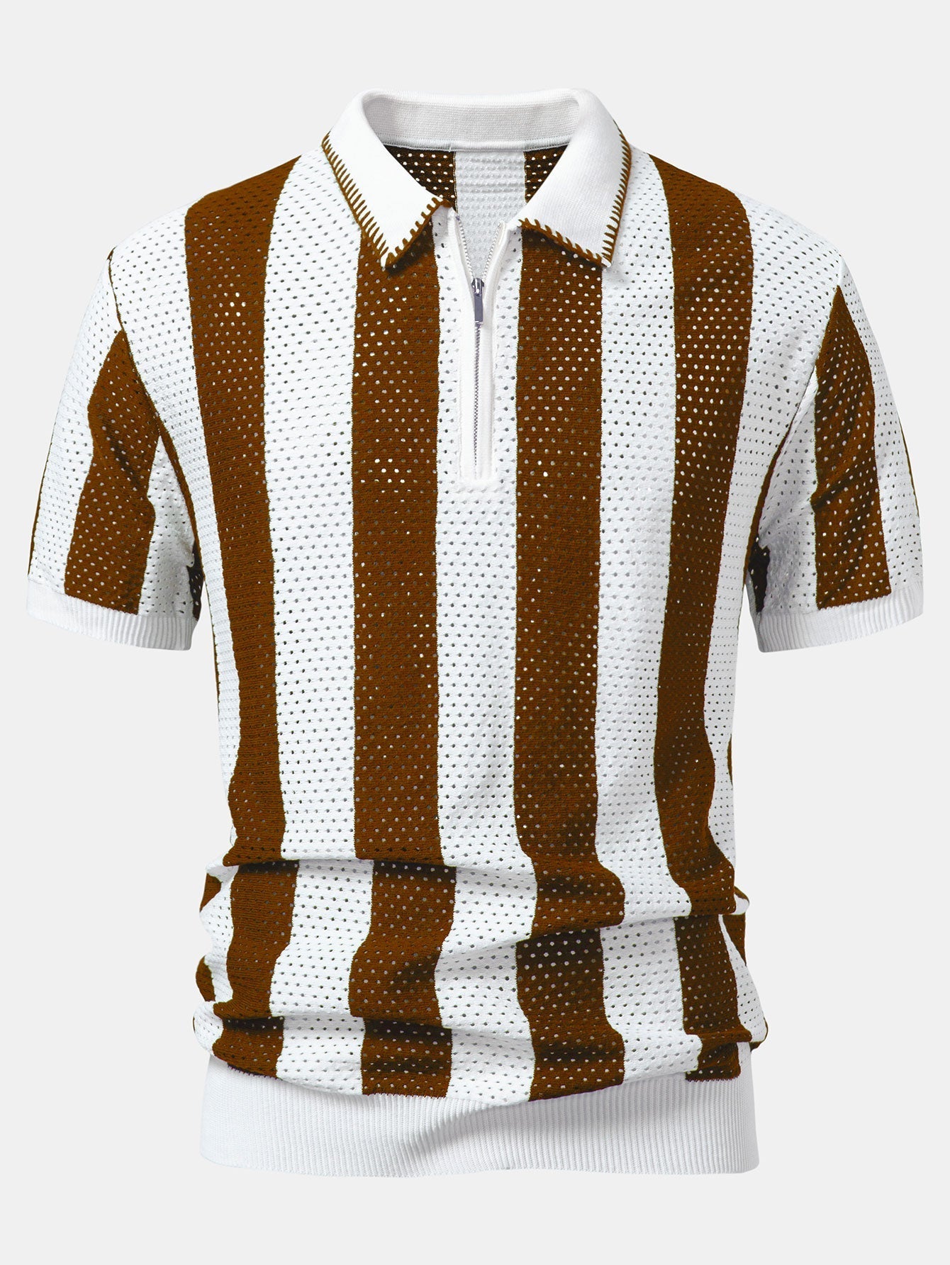 Dylan | Striped Eyelet Knit Zip Up Polo Shirt