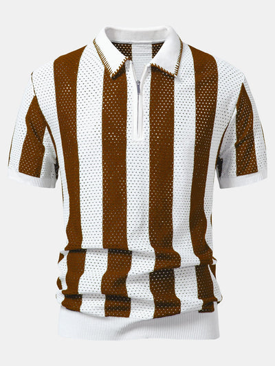 Dylan | Striped Eyelet Knit Zip Up Polo Shirt