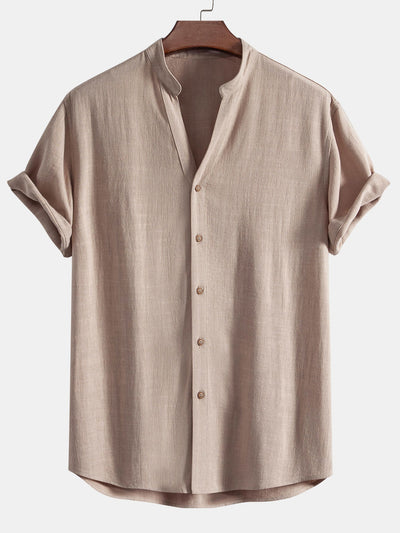 Akihiko® | Short Sleeve Linen Rayon Blend Stand Collar Shirt
