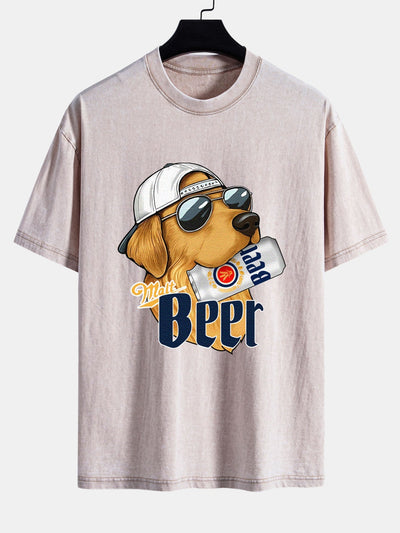 Jano® | Beer Dog Print Washed Distressed Drop Shoulder T-Shirt