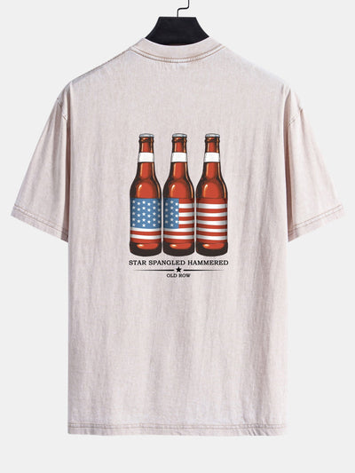 Jairo® | USA Old Row Beer Print Washed Distressed Drop Shoulder T-Shirt