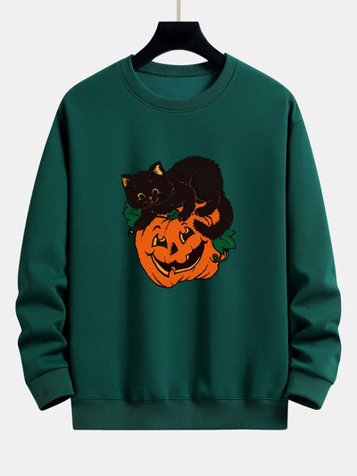 Benicio® | Pumpkin Black Cat Print Relax Fit Sweatshirt