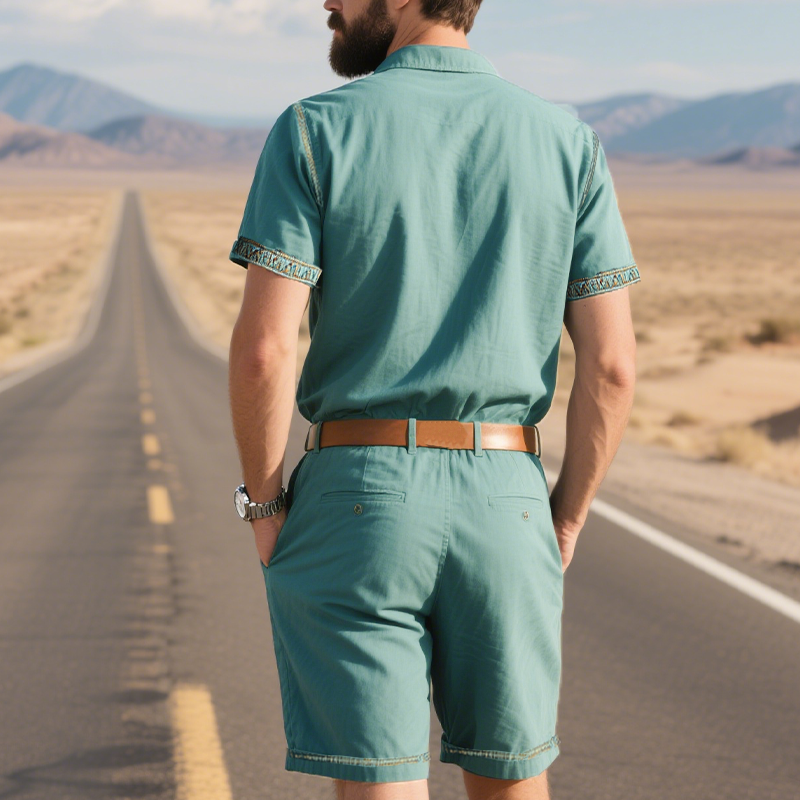 Men's Smmer Fashion Casal Retro Western Style Tencel DeniEmbroidery Jmpsit (Withot Belt)