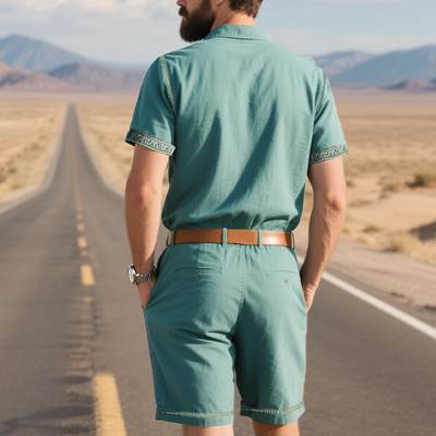 Men's Smmer Fashion Casal Retro Western Style Tencel DeniEmbroidery Jmpsit (Withot Belt)