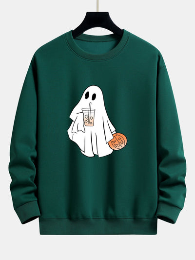 Bruno® | Halloween Ghost Drinking Coffee Pumpkin Print Relax Fit Sweatshirt