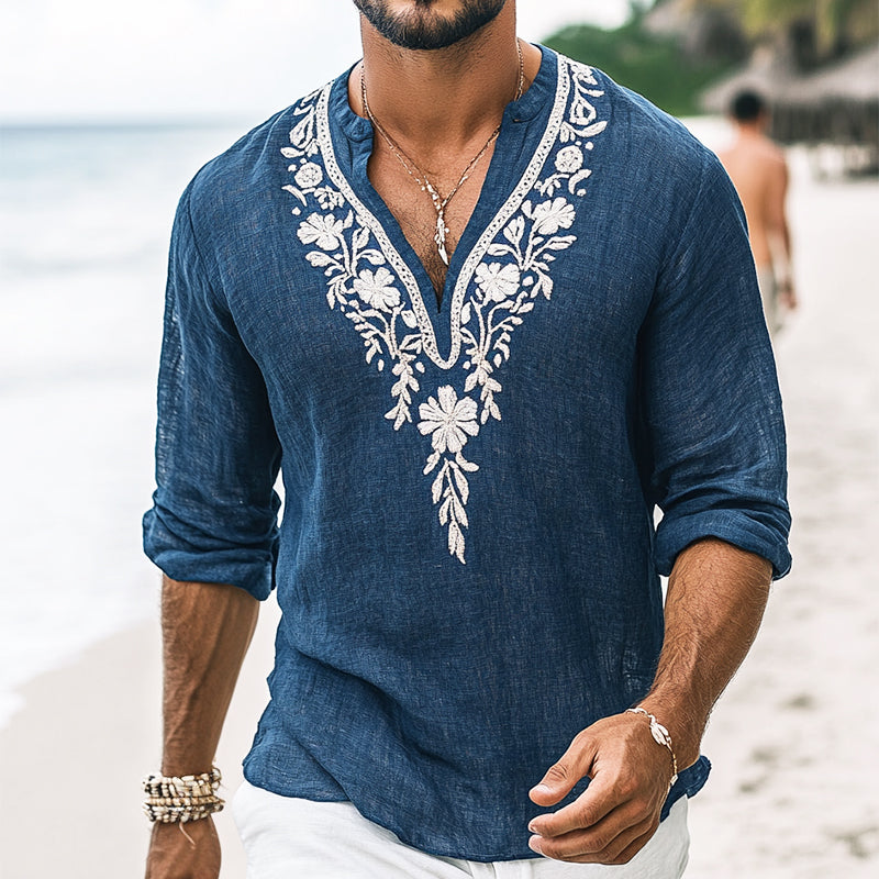 Men's Vine Casal Embroidered Cotn and Linen Henley Collar Long Sleeve Shirt