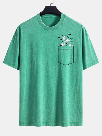 Bardo® | Pocket Bat Ghost Print Washed Distressed Drop Shoulder T-Shirt