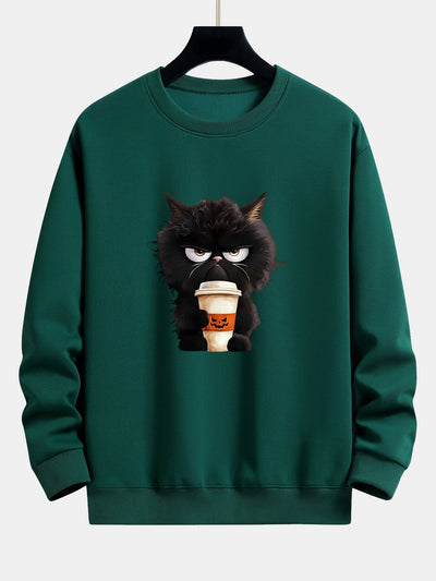 Camilo® | Black Cat Halloween Coffee Print Relax Fit Sweatshirt