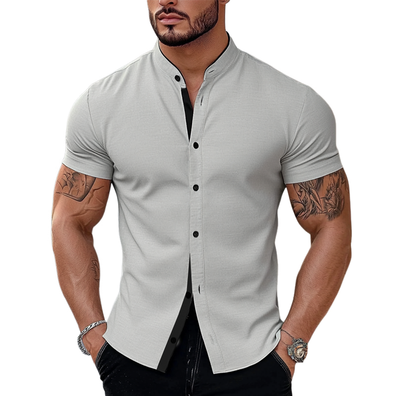 Tony | Men'S Stand Collar Cotton Blend Short Sleeve Shirt