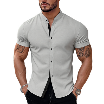 Tony | Men'S Stand Collar Cotton Blend Short Sleeve Shirt