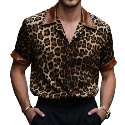 Jack | Men'S Retro Casual Leopard Print Leather Lapel Short Sleeve Shirt