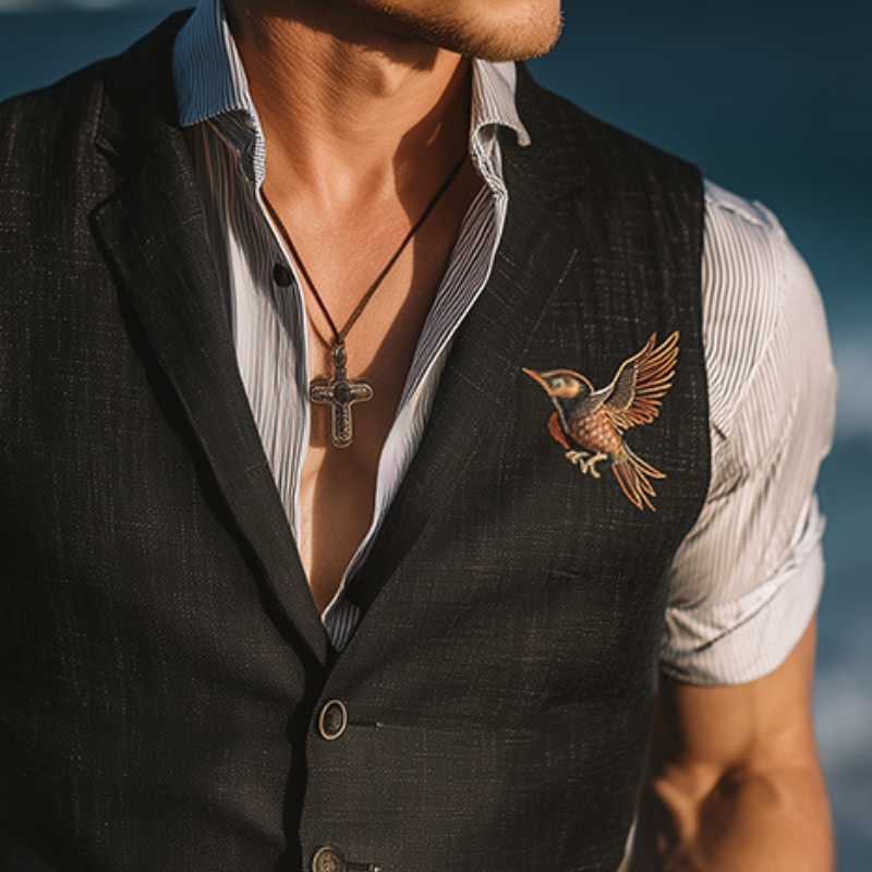 Willie | Men'S Vintage Casual Hummingbird Embroidered Linen Vest
