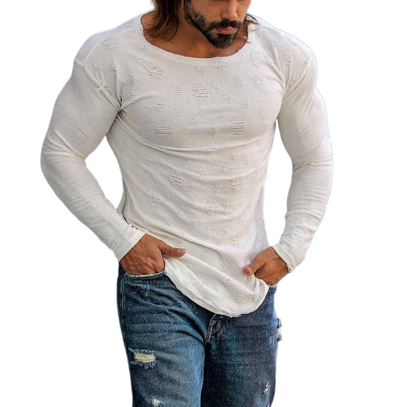 George | Men'S Casual Solid Color Ripped Long Sleeve T-Shirt