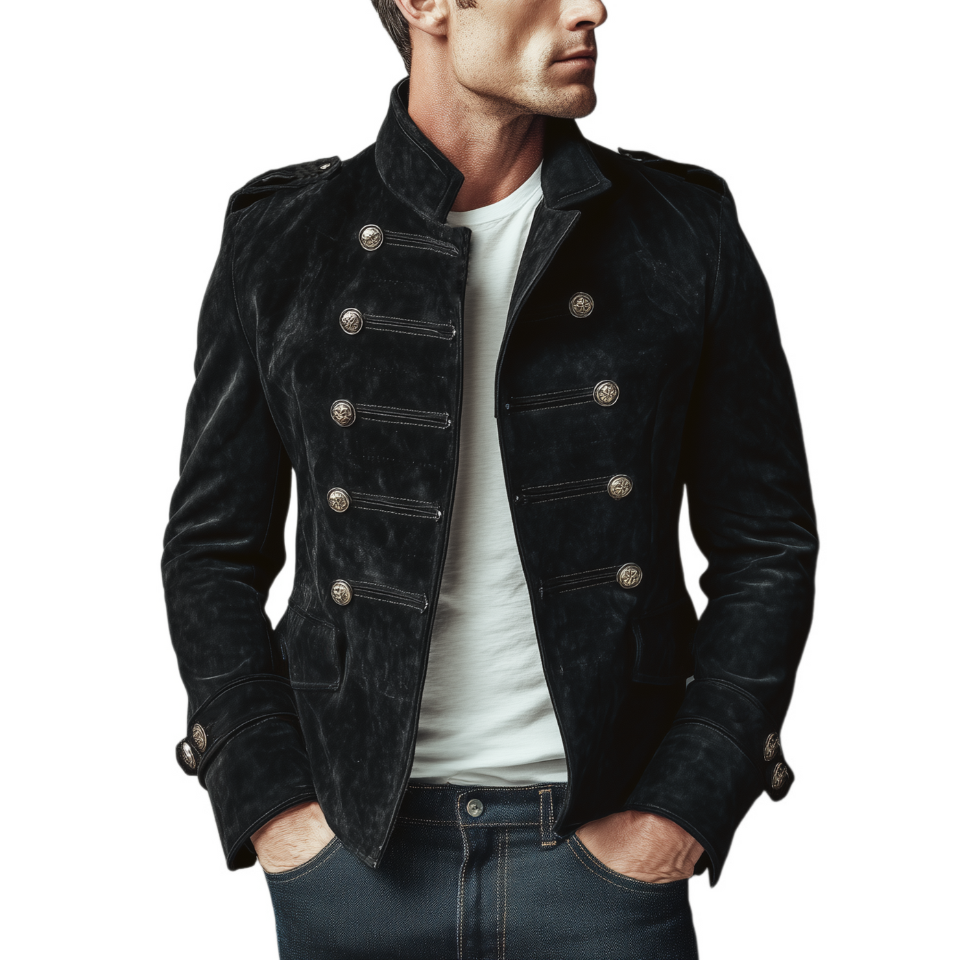 Men's Classic Retro Stand Collar Fax Sede Doble-breasted Slim-fit JacketK