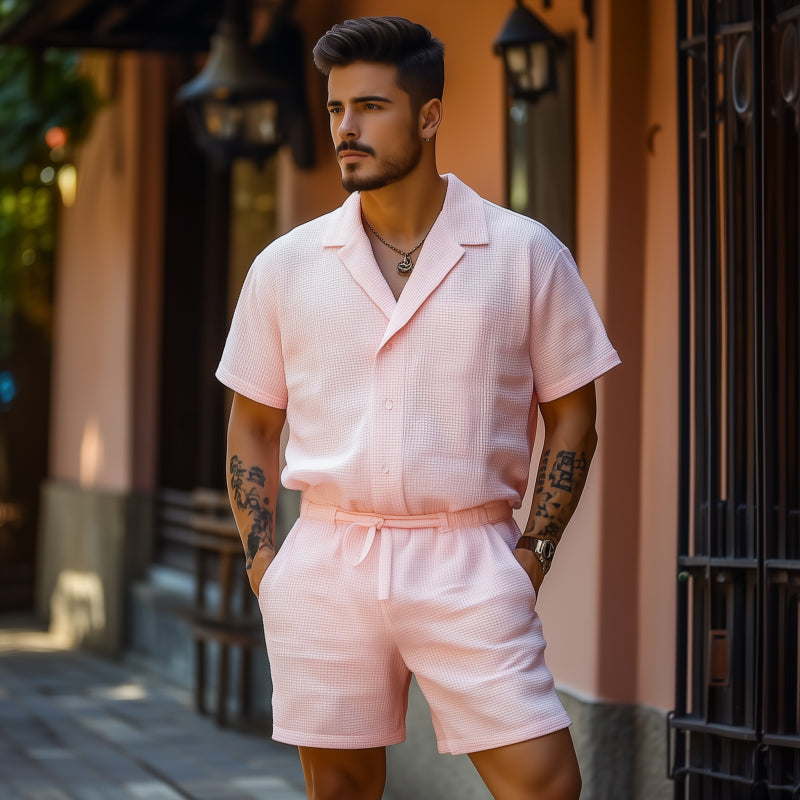 Corey | Men'S Casual Breathable Cotton Blended Waffle Lapel Slim Fit Short Sleeve Shorts Jumpsuit