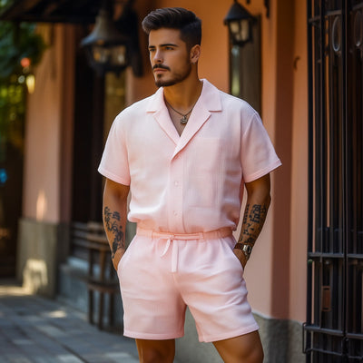 Corey | Men'S Casual Breathable Cotton Blended Waffle Lapel Slim Fit Short Sleeve Shorts Jumpsuit