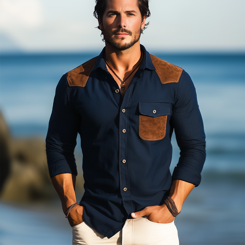 Israel | Men'S Business Cotton Suede Stitching Long Sleeve Shirt