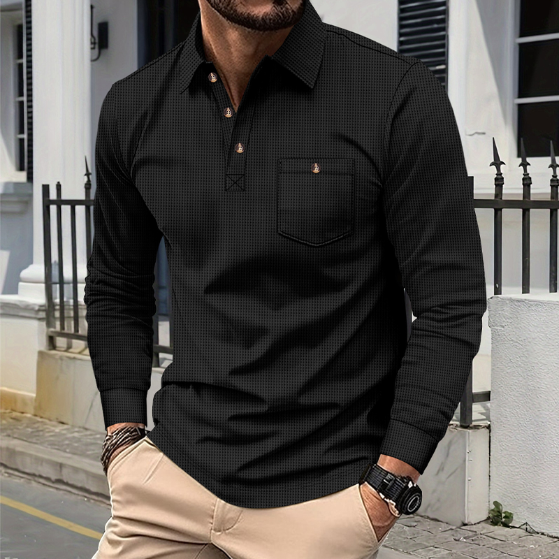 Alan | Men'S Solid Color Waffle Long Sleeve Polo Shirt