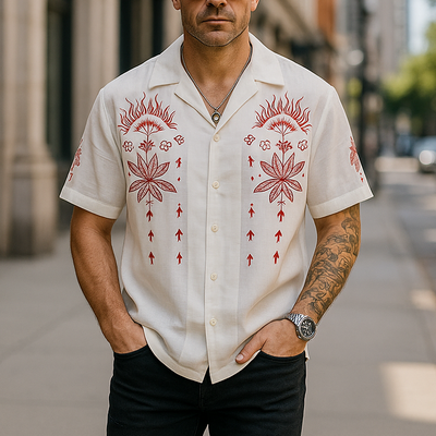 Wallace | Men'S Summer Fashion Embroidery Slub Cotton Short Sleeve Shirt