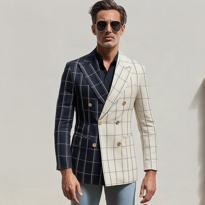 Joshua | Men'S Stylish Colorblock Cotton Blend Plaid Peaked Lapel Double-Breasted Slim-Fit Blazer