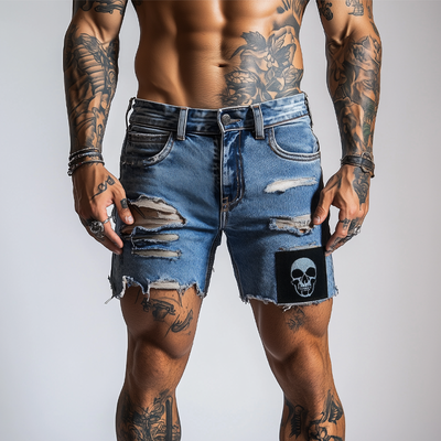 Gary | Men'S Skull Pattern Patchwork Ripped Denim Shorts